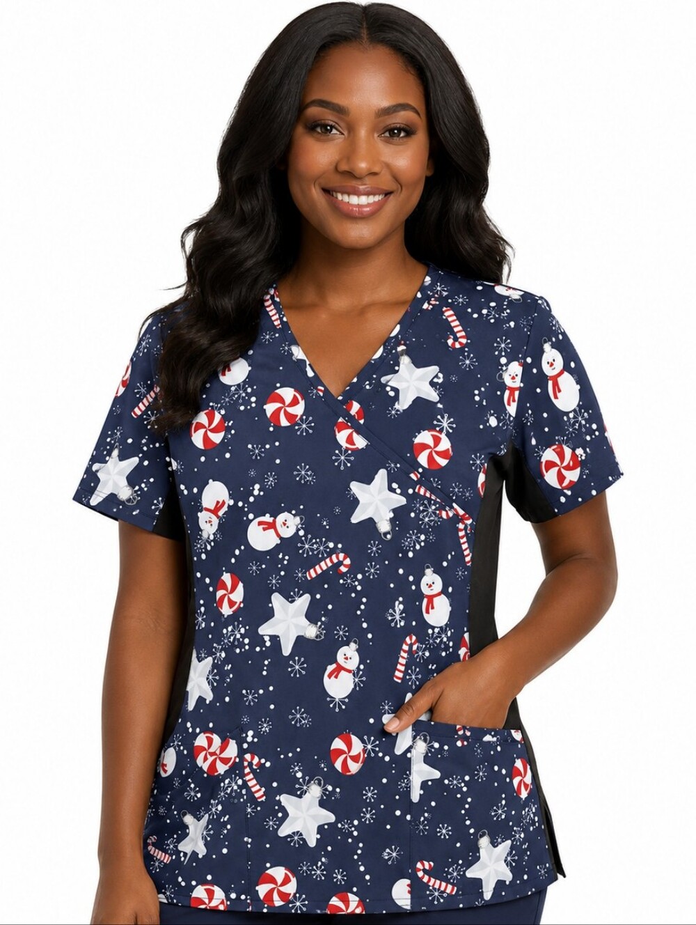 REVEL MEDICAL SCRUB TOP - Navy, Red, White - Candy Canes Snowman SIZE Medium NWT - Picture 13 of 13